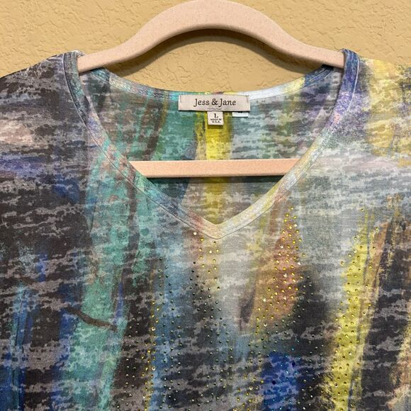 Jess & Jane V Neck Top Womens Large Multicolor Abstract Print Boho Art to Wear - Picture 4 of 6
